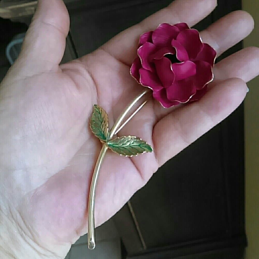 Vintage Large Cranberry Red Enamel Flower Brooch